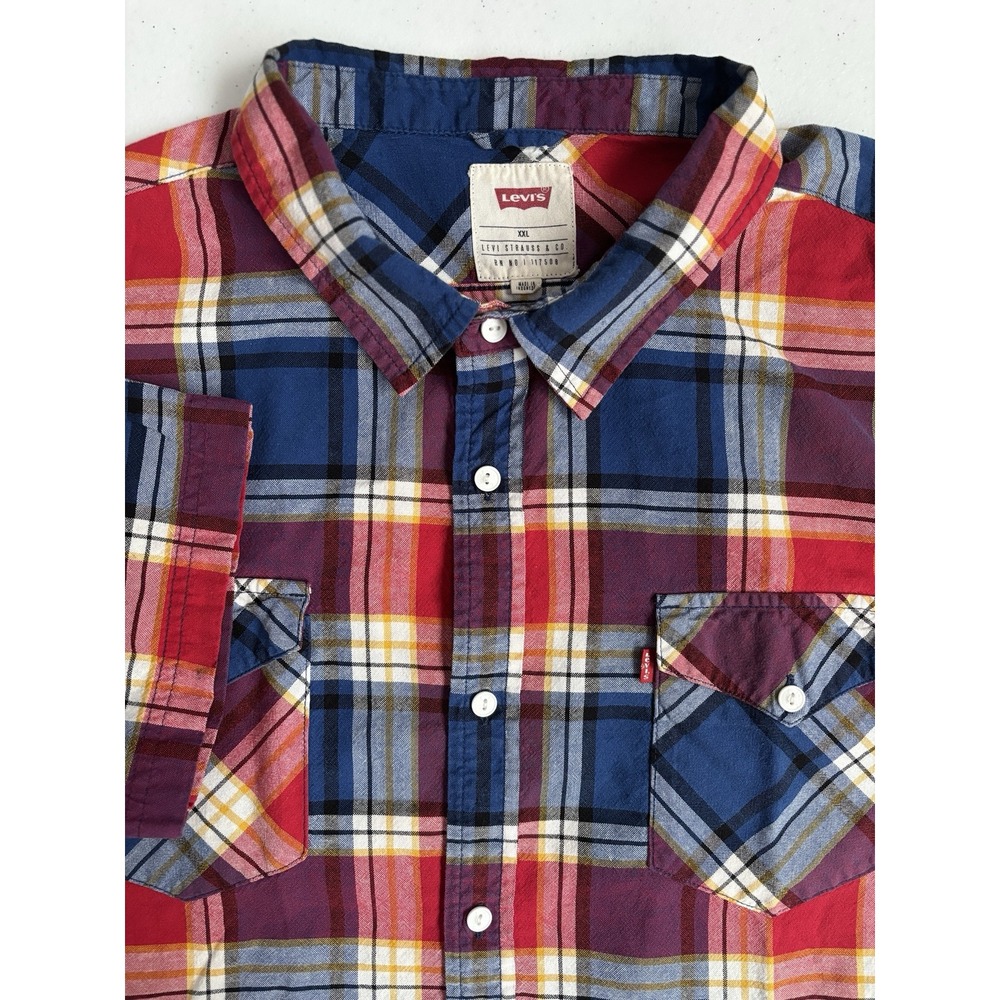 Levi's Men's XXL Red White Yellow Blue Plaid Lightweight Short Sleeve Button Up